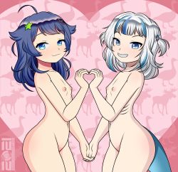  2girls :3 absurdres ahoge bird blue_eyes blue_hair blush dual_persona female_focus fins fish_tail flat_chest gawr_gura gills goose hair_ornament heart heart_hands heart_hands_duo highres hololive hololive_english indie_virtual_youtuber loli long_hair looking_at_viewer medium_hair megasweet moose multicolored_hair multiple_girls navel nipples nude open_mouth senzawa shark_tail silver_hair smile standing star_(symbol) star_hair_ornament streaked_hair tail upper_body virtual_youtuber x_hair_ornament 