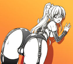 1girl ass bad_id bad_pixiv_id bdsm bondage_outfit breasts cameltoe collar cuffs fish.boy glasses harness highres latex leather long_hair looking_at_viewer medium_breasts monochrome open_mouth original ponytail solo rating:Questionable score:44 user:danbooru