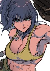  1girl abs armpits beniazumaru blue_eyes blue_hair breasts camouflage clenched_hand dog_tags eyelashes highres large_breasts leona_heidern muscular muscular_female solo tank_top the_king_of_fighters the_king_of_fighters_xiv the_king_of_fighters_xv yellow_tank_top  rating:Sensitive score:27 user:danbooru