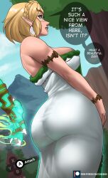 1boy 1girl absurdres alternate_breast_size ass ass_focus blonde_hair braid breasts crown_braid echo_saber english_text from_behind gameplay_mechanics green_eyes hair_ornament highres huge_ass imminent_spanking large_breasts link nintendo official_alternate_costume official_alternate_hairstyle parted_bangs pointy_ears princess_zelda short_hair sidelocks the_legend_of_zelda the_legend_of_zelda:_tears_of_the_kingdom thick_thighs thighs wide_hips rating:Sensitive score:178 user:danbooru