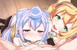 1girl 2boys :d ahoge assisted_fellatio bisexual_male blonde_hair blue_eyes blue_hair blush fellatio girl_assisting_trap gloves green_eyes hacka_doll hacka_doll_1 hacka_doll_3 hair_between_eyes hand_on_another&#039;s_head looking_at_viewer looking_up male_focus multiple_boys niizuka_(c-drop) open_mouth oral penis pov sexual_coaching shota smile spread_legs teeth trap uncensored white_gloves yaoi rating:Explicit score:170 user:Domestic_Importer