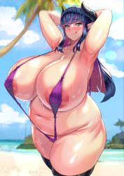  1girl absurdres areola_slip armpits arms_behind_head arms_up artist_request black_thighhighs blue_eyes blue_hair breasts fat highres horns huge_breasts long_hair looking_at_viewer multicolored_hair original pink_hair plump pointy_ears slingshot_swimsuit smile solo standing sweat swimsuit thick_thighs thighhighs thighs tongue tongue_out wow_(cor369)  rating:Questionable score:130 user:FabricioDias