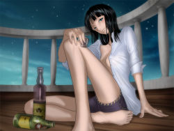  1girl alabasta alcohol barefoot black_hair blush bottle breasts cleavage cup dress_shirt drink drinking_glass drunk feet female_focus going_merry meguro_fukuzou nico_robin night no_bra one_piece open_clothes open_shirt pirate sake seductive_smile ship shirt shorts shot_glass sitting sleeves_rolled_up smile solo toes watercraft  rating:Sensitive score:78 user:danbooru