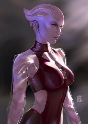  1girl absurdres alien artist_logo asari_(mass_effect) blurry blurry_background breasts cleavage cleavage_cutout clothing_cutout collar colored_skin cowboy_shot dress eleonora_lisi eyeliner green_eyes highres long_sleeves looking_to_the_side makeup mass_effect_(series) medium_breasts original purple_hair purple_lips purple_skin realistic red_collar red_dress red_eyeliner science_fiction see-through see-through_sleeves side_cutout simple_background skin_tight solo standing tentacle_hair tyressa_shepard_(eleonora_lisi) 