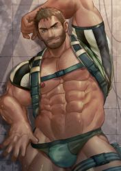  1boy abs arm_up bara bare_pectorals beard black_shirt briefs brown_hair bulge chest_hair chest_harness chris_redfield clothes_lift cowboy_shot facial_hair green_male_underwear hairy harness highres large_pectorals lifted_by_self male_focus male_underwear muscular muscular_male navel navel_hair nipples onionworkshop paid_reward_available pectorals resident_evil resident_evil_5 paid_reward_available shirt shirt_behind_neck shirt_lift short_hair solo stomach thick_thighs thighs underwear undressing  rating:Sensitive score:8 user:danbooru