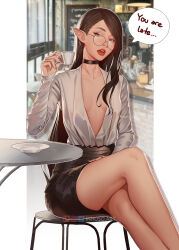  1girl artist_name black_choker black_hair black_skirt blurry blurry_background border breasts cafe chair choker cleavage collarbone commentary crossed_legs cup english_commentary english_text glasses hand_on_own_thigh highres holding holding_cup indoors inhoso instagram_logo lipstick looking_at_viewer makeup medium_hair open_clothes open_shirt original outside_border parted_lips patreon_logo pencil_skirt photo_background pointy_ears red_lips round_eyewear saucer shirt sitting skirt small_breasts solo speech_bubble table twitter_logo white_border white_shirt  rating:Sensitive score:27 user:danbooru