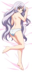 1girl :o absurdres ass azmaria_hendric back barefoot bed bed_sheet blue_panties blush butt_crack chrno_crusade dakimakura_(medium) dimples_of_venus feet full_body highres huge_filesize incredibly_absurdres legs light_purple_hair long_hair long_image looking_back lying on_side on_stomach open_mouth panties panties_only red_eyes solo sugimura_tomokazu tall_image the_bed toes topless underwear underwear_only very_long_hair white_panties rating:Questionable score:13 user:danbooru