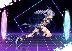  1girl absurdres arms_behind_back ass bare_shoulders bdsm black_footwear black_shorts blush bondage boots bound breasts cellphone chinese_commentary commentary_request commission crop_top drill_hair eyewear_on_head grey_eyes grey_hair hair_ribbon highres honkai:_star_rail honkai_(series) knife long_hair looking_at_viewer midriff mouth_hold phone ponytail purple_ribbon ribbon rope second-party_source shinebell shirt short_shorts shorts silver_wolf_(honkai:_star_rail) skindentation small_breasts smartphone solo sunglasses teeth_hold thigh_strap thighs weapon white_shirt 