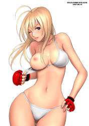  1girl ahoge bare_legs bikini blonde_hair blue_eyes breast_slip breasts cleavage contrapposto cowboy_shot curvy dated fingerless_gloves gloves hand_on_own_hip hip_focus large_breasts long_hair narrow_waist navel nipples one_breast_out one_eye_closed original panties ryu_(ryu&#039;s_form_site) simple_background smile solo standing swimsuit underwear white_background white_bikini wide_hips wink  rating:Questionable score:48 user:danbooru