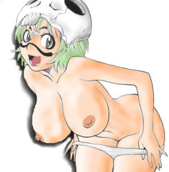  1girl arrancar artist_request bleach breasts colorized female_focus gradient_background green_hair hollow_(bleach) large_breasts mask nelliel_tu_odelschwanck nipples number_tattoo panties panty_pull skull solo tattoo topless underwear undressing white_background  rating:Questionable score:35 user:hinata5000