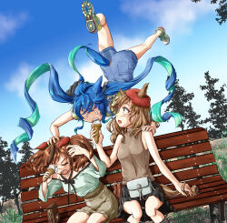  3girls absurdres ahoge alternate_costume animal_ears aqua_hair aqua_shirt bag belt bench black_skirt blank_eyes blue_hair blue_overalls blue_sky bow brown_hair brown_shirt brown_shorts casual closed_eyes clothing_cutout commentary_request crossed_bangs day ear_covers ears_down ears_through_headwear eating food food_on_face grass hair_bow halter_shirt halterneck hand_on_another&#039;s_head hand_on_another&#039;s_shoulder handbag hat highres horse_ears horse_girl horse_tail ice_cream ice_cream_cone ice_cream_on_face legs_up light_brown_hair long_hair looking_at_another matikane_tannhauser_(umamusume) multicolored_hair multiple_girls nice_nature_(umamusume) off-shoulder_shirt off_shoulder open_mouth outdoors overalls panties panty_peek park_bench sharp_teeth shinjou_ryou shirt shoes shorts sidelocks skirt sky sleeveless sleeveless_turtleneck sneakers streaked_hair tail tail_through_clothes teeth tree turtleneck twin_turbo_(umamusume) twintails two-tone_hair umamusume underwear very_long_hair yellow_eyes yellow_shirt 