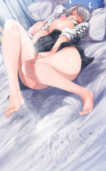 1girl black_skirt blush braid breasts closed_eyes covering_own_mouth feet female_ejaculation female_masturbation fumihiko_(fu_mihi_ko) hand_over_own_mouth highres hololive lactation large_breasts lying masturbation on_back on_bed projectile_lactation ribbed_sweater shirogane_noel short_hair silver_hair skirt solo sweater thighs virtual_youtuber wet white_sweater rating:Explicit score:141 user:JustHere4Butts