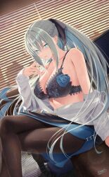  1girl bare_shoulders black_bow black_bra black_skirt blue_eyes blush bow bra braid breasts collarbone collared_shirt dress dress_shirt fate/grand_order fate_(series) french_braid grey_hair hair_bow highres lace lace-trimmed_bra lace_trim large_breasts long_hair long_sleeves looking_at_viewer morgan_le_fay_(chaldea_satellite_station)_(fate) morgan_le_fay_(fate) office_lady open_mouth pantyhose pencil_skirt ponytail shirt sidelocks skirt smile solo thighhighs thighs underwear undone_bra urato_hotaru very_long_hair white_shirt 