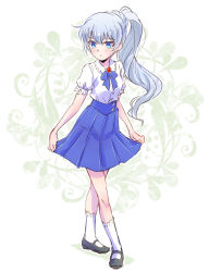  1girl artist_request blue_eyes blue_ribbon blue_skirt blush breasts brooch facing_viewer full_body hair_between_eyes high_ponytail highres jewelry long_hair looking_at_viewer parted_lips ponytail ribbon rwby shirt shoes short_sleeves skirt skirt_grab skirt_hold socks solo standing tagme weiss_schnee white_hair white_shirt  rating:Questionable score:8 user:deathyoda