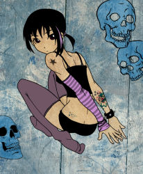  1girl black_hair female_focus looking_at_viewer looking_back red_eyes short_hair skull solo star_(symbol) strips tagme thighhighs  rating:Questionable score:6 user:okno