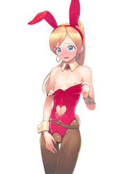  1girl :d animal_ears anlucea bar_censor bare_arms bare_shoulders belt black_pantyhose blonde_hair blue_eyes blush censored clothing_cutout collarbone cowboy_shot crotchless double_bun dragon_quest dragon_quest_x fake_animal_ears flat_chest full-face_blush hair_bun hairband heart_cutout highres leotard long_hair looking_at_viewer mole mole_under_mouth navel navel_cutout nipples open_mouth pantyhose pink_hairband pink_leotard ponytail pussy simple_background smile solo standing strapless strapless_leotard supurai sweat tareme thigh_gap white_background wrist_cuffs  rating:Explicit score:47 user:danbooru