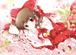  1girl arm_ribbon bow brown_hair cherry_blossoms detached_sleeves dress hair_bow hair_tubes hakurei_reimu long_sleeves looking_at_viewer lying on_side petals red_dress red_eyes ribbon ribbon-trimmed_sleeves ribbon_trim smile solo touhou white-brown wide_sleeves 