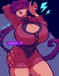  1girl breasts cleavage cleavage_cutout clothing_cutout cottonwings covered_eyes dress fashion hair_over_eyes huge_breasts long_hair own_hands_together purple_hair shermie_(kof) signature solo star_(sky) the_king_of_fighters very_long_hair  rating:Sensitive score:21 user:danbooru