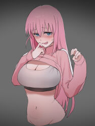  1girl blue_eyes bocchi_the_rock! breasts cleavage clothes_lift cropped_torso gotoh_hitori grey_background hair_between_eyes highres jacket jacket_lift large_breasts long_hair long_sleeves looking_at_viewer navel neko_(pixiv28238559) open_mouth pink_hair pink_jacket simple_background solo sports_bra track_jacket upper_body  rating:Sensitive score:144 user:danbooru