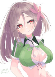  1girl absurdres amagi_(kancolle) breasts brown_hair cleavage cleavage_cutout clothing_cutout flower green_shirt hair_flower hair_ornament hand_on_own_hip highres hizaka kantai_collection large_breasts long_hair one-hour_drawing_challenge red_eyes shirt simple_background smile solo white_background 