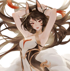 1girl 891 ahri_(league_of_legends) animal_ear_fluff animal_ears armpits arms_up commentary english_commentary facial_mark fingernails fox fox_ears fox_girl hair_between_eyes highres immortalized_legend_ahri league_of_legends long_hair looking_at_viewer multiple_tails nail_polish official_alternate_costume parted_lips red_eyes red_nails sidelocks simple_background smile solo tail upper_body whisker_markings white_background  rating:Sensitive score:1 user:danbooru
