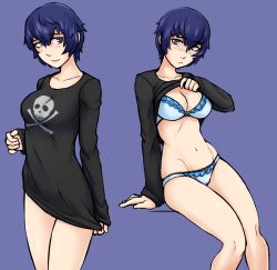 1girl blue_bra blue_hair blue_panties blush bra breasts clothes_lift clothes_pull groin highres ittla naked_shirt no_pants panties persona persona_4 purple_background purple_eyes shirogane_naoto shirt shirt_lift shirt_pull short_hair skull skull_and_crossbones smile solo underwear rating:Sensitive score:83 user:dmysta3000