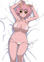  10s 1girl :d areola_slip armpits arms_up ashido_mina bare_shoulders bed_sheet bikini black_sclera blush boku_no_hero_academia breasts cameltoe cleavage cleft_of_venus collarbone colored_sclera colored_skin covered_erect_nipples gluteal_fold grin horns jpeg_artifacts large_breasts looking_at_viewer lying micro_bikini navel nipples on_back open_mouth pink_hair pink_skin puffy_nipples see-through short_hair side-tie_bikini_bottom smile solo swimsuit tamagoroo underboob untied white_bikini yellow_eyes  rating:Questionable score:119 user:danbooru