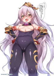 1girl :d armor bare_shoulders blush breasts breasts_out brown_eyes cameltoe commentary_request covered_navel elbow_gloves fang gloves gluteal_fold granblue_fantasy hair_between_eyes hands_on_own_hips headpiece legs_apart long_hair looking_at_viewer medusa_(shingeki_no_bahamut) nipples open_mouth pointy_ears silver_hair simple_background small_breasts smile solo spicy_moo standing translation_request very_long_hair white_background rating:Questionable score:48 user:danbooru