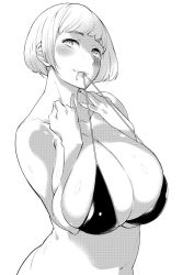 1girl bad_id bad_twitter_id bikini breasts cleavage greyscale highres huge_breasts lips looking_at_viewer mario_(mario_portal) monochrome mouth_hold navel short_hair simple_background smile solo swimsuit white_background rating:Questionable score:76 user:danbooru