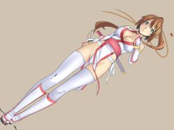  1girl bare_shoulders breasts brown_hair choker cleavage dead_or_alive elbow_gloves fingerless_gloves fundoshi gloves green_eyes highres japanese_clothes kasumi_(doa) large_breasts legs long_hair long_legs metadora panties pelvic_curtain ponytail sheath sheathed side-tie_panties side_slit simple_background solo sword tecmo thighhighs thighs underwear weapon 