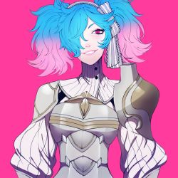 1girl armor blue_hair bow fire_emblem fire_emblem_fates hair_over_one_eye highres long_hair multicolored_hair naki_(ynjtb) nintendo peri_(fire_emblem) pink_background pink_eyes pink_hair simple_background solo teeth twintails two-tone_hair  rating:Sensitive score:18 user:danbooru