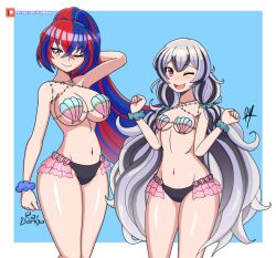  2girls alear_(female)_(fire_emblem) alear_(fire_emblem) alternate_hairstyle arm_behind_head arm_up artist_name belly bikini black_bikini black_hair blinking blue_background blue_eyes blue_hair blush breasts corrin_(female)_(fire_emblem) corrin_(female)_(fire_emblem)_(cosplay) corrin_(fire_emblem) cosplay fire_emblem fire_emblem_cipher fire_emblem_engage highres horse_tail jewelry large_breasts long_hair looking_at_viewer medium_breasts multicolored_hair multiple_girls navel necklace nintendo open_mouth pearl_necklace purple_eyes raydango red_hair seashell shell shell_bikini siblings simple_background sisters smile swimsuit tail twintails two-tone_hair very_long_hair veyle_(fire_emblem) white_hair wide_hips 