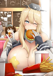 3girls bare_shoulders blonde_hair blue_eyes blush booth_seating breast_envy breasts breasts_out brown_hair burger collar covered_erect_nipples cup disposable_cup eating elbow_gloves exhibitionism fast_food flashing food food_on_face french_fries gloves grey_hair hair_tie headgear highres huge_breasts indoors iowa_(kancolle) kantai_collection long_hair looking_at_viewer mcdonald&#039;s mizuyan multiple_girls o_o one_eye_closed oppai_challenge pasties ponytail public_indecency remodel_(kantai_collection) ryuujou_(kancolle) seat solo_focus star-shaped_pupils star_(symbol) star_pasties symbol-shaped_pupils teeth twintails v visor_cap white_gloves zuihou_(kancolle) rating:Questionable score:56 user:danbooru