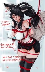 1girl :d absurdres ahri_(league_of_legends) animal_ear_fluff animal_ears arms_behind_back bare_shoulders bdsm black_hair black_skirt black_thighhighs bondage bound box_tie breast_bondage breasts cleavage_cutout clothing_cutout commentary commentary_request ehrrr english_commentary english_text closed_eyes facial_mark fox_ears fox_girl fox_tail glasses highres large_breasts league_of_legends leaning_forward long_hair office_lady open_mouth pencil_skirt rope shibari shirt skirt sleeveless sleeveless_shirt smile solo tail thighhighs trembling whisker_markings white_shirt rating:Questionable score:127 user:danbooru