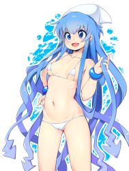  1girl bad_id bad_twitter_id bare_shoulders bikini blue_eyes blue_hair blush bracelet breasts collarbone commentary commentary_request english_commentary hand_on_own_hip hat highres holding holding_own_hair ikamusume jewelry long_hair micro_bikini navel open_mouth ribs shinryaku!_ikamusume sidelocks slugbox small_breasts smile solo squid_hat standing swimsuit tentacle_hair very_long_hair white_background white_bikini  rating:Questionable score:51 user:danbooru