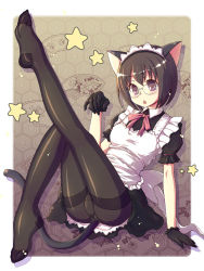 1girl :o animal_ears arm_support black_hair black_pantyhose blush bow cat_ears cat_tail fan_print feet glasses gloves headdress hexagon honeycomb_(pattern) honeycomb_background honeycomb_pattern kimarin leaning_back leg_lift looking_at_viewer maid maid_headdress open_mouth panties panties_under_pantyhose pantyhose purple_eyes short_hair sitting soles solo star_(symbol) starry_background tail thighband_pantyhose underwear rating:Sensitive score:27 user:danbooru