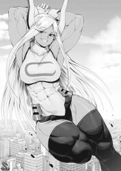  1girl absurdres animal_ears armpits arms_behind_head arms_up bare_shoulders boku_no_hero_academia breasts cityscape covered_abs covered_navel crescent_print dark-skinned_female dark_skin fur_collar gloves greyscale grin highleg highleg_leotard highres large_breasts leotard long_eyelashes long_hair looking_at_viewer midair mirko monochrome muscular muscular_female obliques parted_bangs rabbit_ears rabbit_girl signature sleeveless_turtleneck_leotard smile solo speedl00ver taut_leotard thick_thighs thighhighs thighs very_long_hair white_hair white_leotard  rating:Sensitive score:47 user:danbooru
