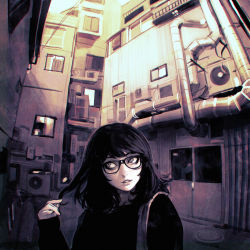  1girl adjusting_hair black_hair blunt_bangs character_request chromatic_aberration copyright_request female_focus glasses ilya_kuvshinov industrial_pipe limited_palette lips looking_to_the_side outdoors parted_lips realistic sepia solo  rating:Sensitive score:19 user:danbooru