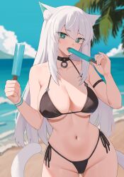  1girl aarontsay absurdres animal_ears bikini black_bikini breasts cat_girl choker cleavage commission dripping food gluteal_fold highres indie_virtual_youtuber large_breasts midriff navel nvl outdoors popsicle second-party_source solo string_bikini swimsuit thighs virtual_youtuber white_hair  rating:Sensitive score:5 user:danbooru