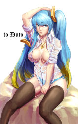  1girl absurdres arm_up black_thighhighs blue_hair blue_panties breasts cleavage highres jewelry league_of_legends lips long_hair multicolored_hair necklace open_mouth oz_(gerbera7) panties see-through shirt side-tie_panties sitting sleeves_rolled_up solo sona_(league_of_legends) swept_bangs thighhighs twintails underwear very_long_hair wet wet_clothes wet_shirt  rating:Questionable score:48 user:danbooru