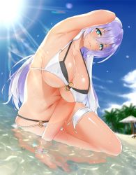 1girl arm_up armpits beach bikini blue_eyes blush breasts cleavage closed_mouth collarbone commentary_request curvy day hair_between_eyes isabelle_(shadowverse) kitagawa_onitarou large_breasts layered_bikini long_hair looking_at_viewer multicolored_hair navel o-ring o-ring_bikini partially_submerged purple_hair shadowverse shiny_skin sitting smile solo stomach sunlight swimsuit two-tone_hair white_hair wide_hips yokozuwari rating:Sensitive score:33 user:danbooru