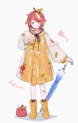  1girl :d apple bandaid bandaid_on_leg black_ribbon black_socks blue_umbrella blush boots coat creature_and_personification dot_nose food fruit full_body green_eyes highres holding holding_umbrella jacket legs_apart looking_at_viewer neck_ribbon nuudoru open_mouth original personification rain_poncho red_apple red_hair ribbon rubber_boots see-through see-through_jacket see-through_sleeves shadow short_hair simple_background smile socks solo standing swept_bangs umbrella white_background yellow_coat yellow_footwear 