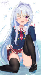1girl absurdres blue_hair blush clothes_lift cube_x_cursed_x_curious fear_kubrick hair_intakes hand_up highres lifting_own_clothes long_hair looking_at_viewer necktie ochinsama one_eye_closed open_mouth panties red_eyes school_uniform side-tie_panties simple_background smile striped_clothes striped_panties taishuu_high_school_uniform thighhighs underwear white_background
