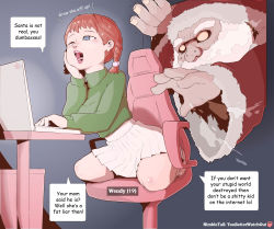  1boy 1girl artist_request barefoot beard blush braid breasts chair character_age character_name computer english_text evil_santa eyebrows facial_hair freckles full_body fur_trim green_sweater highres indoors laptop large_breasts lips no_pupils office_chair one_eye_closed open_mouth peril pleated_skirt red_hair santa_claus short_hair sitting skirt speech_bubble sweater swivel_chair tagme teeth thighs tongue twin_braids twintails uvula wariza white_facial_hair  rating:Questionable score:68 user:Zavo