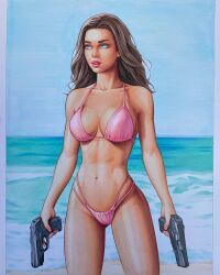  1girl alternate_eye_color alternate_hair_color bikini blue_eyes breasts brown_hair commentary cowboy_shot dual_wielding english_commentary gluteal_fold gun gun_honey handgun highres holding holding_gun holding_weapon joanna_tan large_breasts marker_(medium) navel ocean parted_lips pink_bikini pink_lips solo swimsuit traditional_media weapon will_jack 
