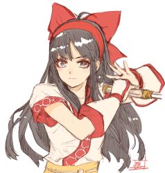 1girl ainu_clothes artist_name black_hair breasts fighting_stance fingerless_gloves gloves grey_eyes hair_ribbon highres long_hair looking_at_viewer nakoruru ribbon samurai_spirits serious small_breasts smile snk the_king_of_fighters traditional_media 