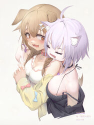  2girls @_@ absurdres animal_collar animal_ears black_bra black_collar blush bra breast_press breasts breasts_on_another&#039;s_back brown_hair cat_ears cat_girl cleavage collar dated dog_ears dog_girl dog_tail double-parted_bangs dress drooling head_on_another&#039;s_shoulder heart_on_chest highres hololive inugami_korone inugami_korone_(1st_costume) jacket large_breasts medium_breasts mouth_drool multiple_girls nekomata_okayu parted_hair qiaogun_damodao red_collar sideboob signature sleeping strap_slip tail underwear virtual_youtuber wardrobe_malfunction white_dress yellow_jacket yuri  rating:Sensitive score:25 user:danbooru