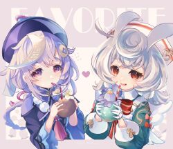  2girls aqua_dress bead_necklace beads bow bowtie braid braided_ponytail coconut_cup coin_hair_ornament cropped_torso cup dress drinking drinking_straw earrings genshin_impact gloves grey_hair hair_ears hair_ornament hands_up hat heart highres holding holding_cup hoshiusagi_no_chloe jewelry long_hair long_sleeves looking_at_viewer low_twintails milkshake multiple_girls necklace nurse_cap ofuda ofuda_on_head open_mouth pink_background purple_eyes purple_hair purple_headwear qingdai_guanmao qiqi_(genshin_impact) red_bow red_bowtie red_eyes short_hair sigewinne_(genshin_impact) smile stud_earrings tassel twintails white_gloves white_headwear  rating:General score:4 user:danbooru