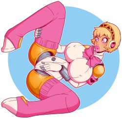  1girl aegis_(persona) bimbofication blonde_hair blue_eyes bow breasts confused covered_erect_nipples curvy eyelashes eyeshadow female_focus gynoid high_heels highres large_breasts leotard lips lipstick makeup persona persona_3 pink_bow pink_high_heels pink_lips pink_ribbon ribbon robot robot_girl short_hair solo standing thick_thighs thighhighs thighs transformation video_game white_leotard white_thighhighs wide_hips wrenzephyr2  rating:Questionable score:27 user:randommanaccount