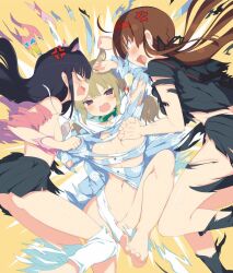  3girls anger_vein angry animal_ears ass attack black_hair blonde_hair breast_envy breasts brown_hair cat_ears convenient_censoring covering_breasts covering_privates fang female_focus grabbing grabbing_another&#039;s_breast highres kafuru_(senran_kagura) medium_breasts mirai_(senran_kagura) multiple_girls navel official_art purple_eyes ryoubi_(senran_kagura) senran_kagura skirt small_breasts torn_clothes twintails  rating:Questionable score:49 user:FunkX